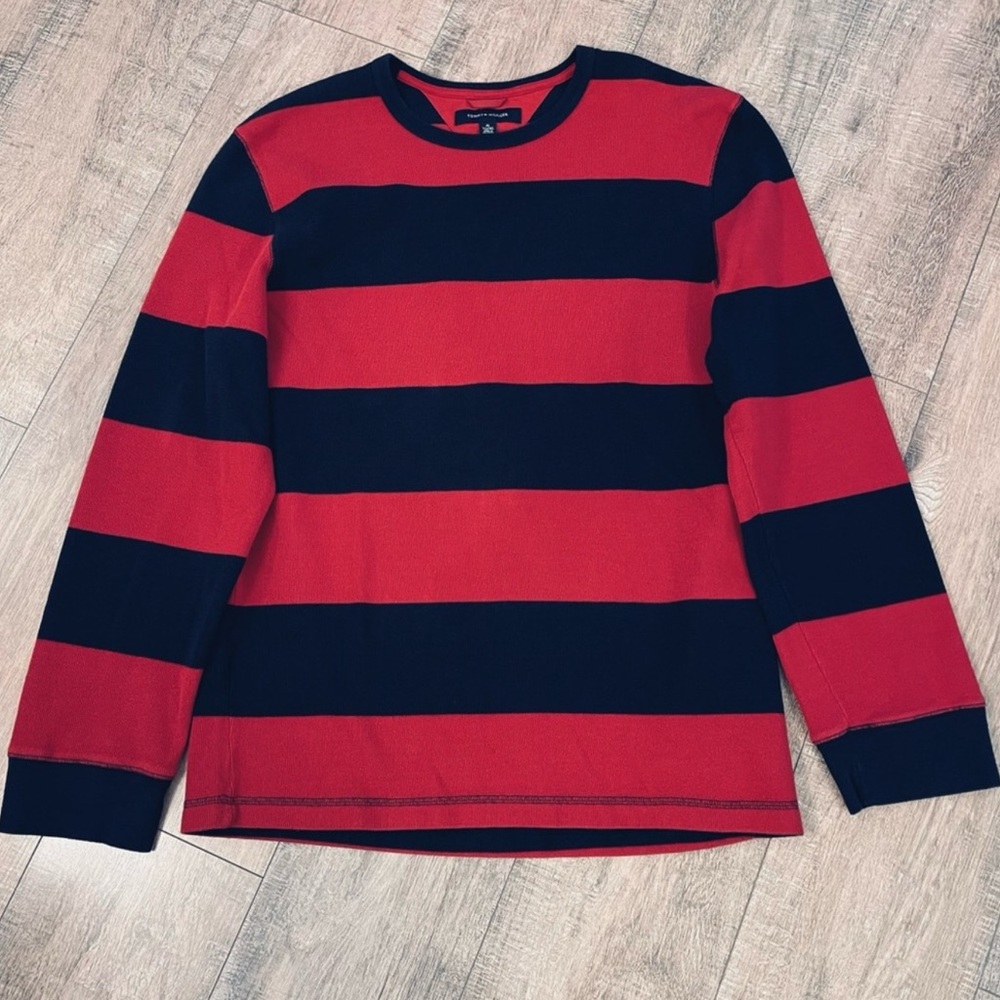 Tommy Hilfiger Pullover Sweater Red & Navy Striped 100% Cotton Men’s Size XL